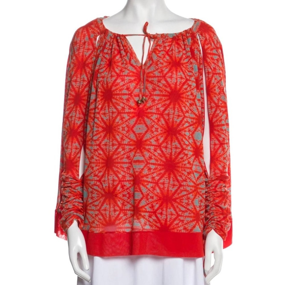 Jean Paul Gaultier Mesh Top Bright Orange Starburst Open Ruched Sleeves Sz Small